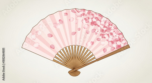 Handheld pink floral folding fan with wooden handle and delicate cherry blossom pattern on a light background perfect for cooling and decoration