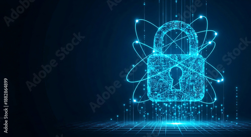 A glowing blue digital padlock with swirling lines and dots on a dark background represents cybersecurity