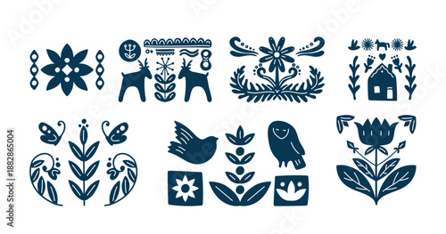 Colored composition of folk symbols and traditional artistic patterns in Scandinavian style set