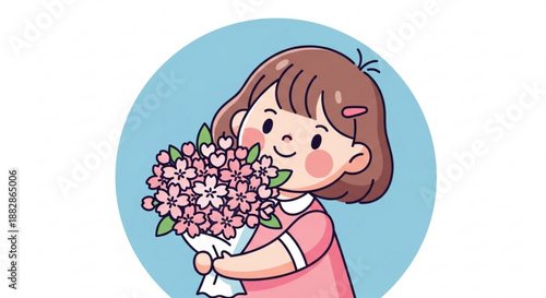 Cartoon girl holding bouquet of pink flowers with blue background smiling and looking happy short brown hair pink dress white trim cute illustration