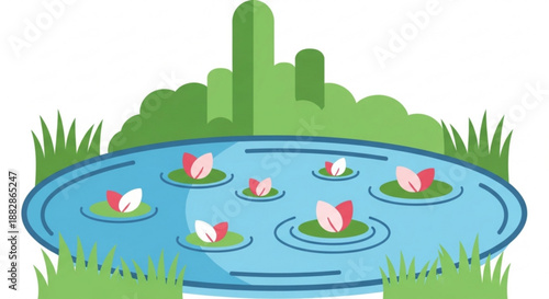 Serene pond with water lilies and lush greenery in a peaceful natural setting perfect for relaxation and tranquility