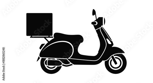 A striking black silhouette depicts a classic vintage scooter with a large delivery box attached to its rear rack silhouette