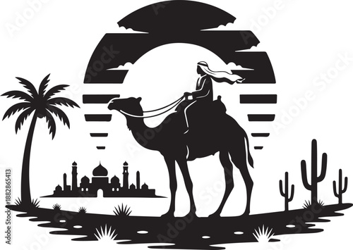 A lone camel rider journeys across the vast desert landscape towards an ancient arabian city