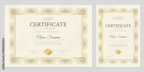 Professional set of certificate and diploma templates in two formats. Elegant gold frame with green patterns and textured background. Editable vector layout for business and education.