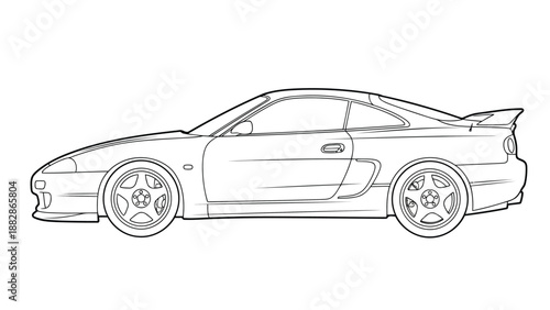 a detailed black and white outline drawing depicts a classic japanese sports car side profile view