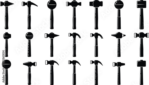 Vector illustration of various hammer silhouettes, hardware tools set, carpentry and construction equipment icons, handyman work instrument shapes isolated on white background,