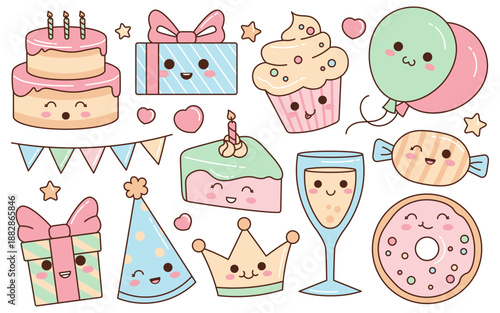 Collection of cute kawaii birthday elements including smiling sweets, drinks and attributes