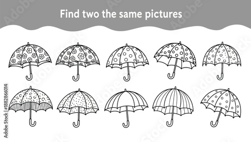 a playful black and white illustration depicting a find the matching picture game with umbrellas of varied designs