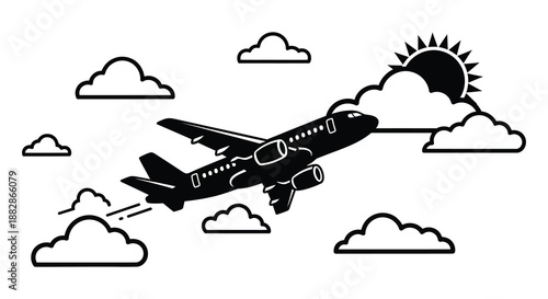 A striking black and white depiction of an airplane soaring through a cloudy sky with a radiant sun a beautiful silhouette
