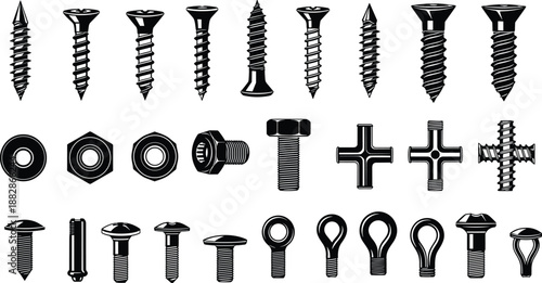Vector illustration of various metal screw silhouettes, industrial bolt and nut icons set, hardware fasteners and steel fixings collection isolated on white background,