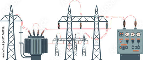 Electrical power distribution diagram illustration showing transformer transmission towers control panel monitoring system grid infrastructure energy technology