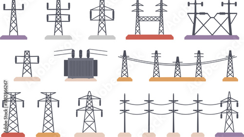 Electrical power distribution diagram illustration showing transformer transmission towers control panel cables grid infrastructure energy monitoring system