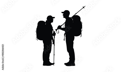 Silhouette of two hikers with backpacks and trekking poles in conversation