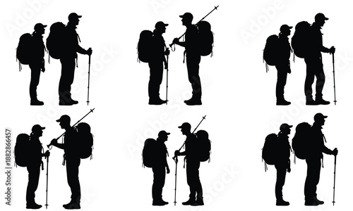 Silhouettes of two hikers with backpacks and trekking poles, ready for adventure.