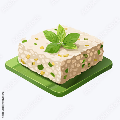 A square block of white dessert, possibly halva or fudge, speckled with green nuts and topped with a fresh basil leaf, presented on a green plate.