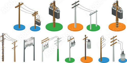 Electrical power distribution diagram illustration showing utility poles transformers insulators overhead lines grid infrastructure energy system industrial technical schematic design