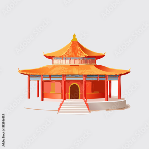 A vibrant illustration of a traditional Chinese temple or pavilion with an orange tiered roof and red structure.