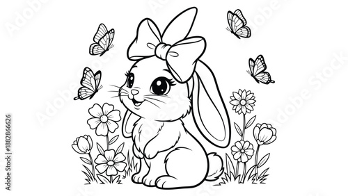 a charming black and white illustration depicts a bunny with a bow surrounded by flowers and fluttering butterflies