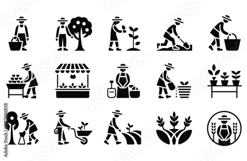Agriculture farming icons showing farmers working in fields harvesting and planting crops