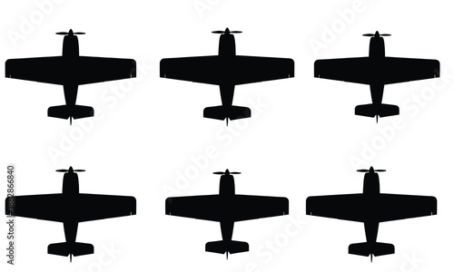 Collection of six identical silhouette propeller airplanes viewed from above, isolated