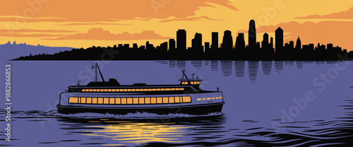Ferry boat sailing at sunset with city skyline silhouette in background vector illustration