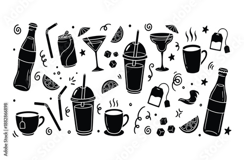 Collection of various beverages drinks and cocktail elements black vector silhouette icons