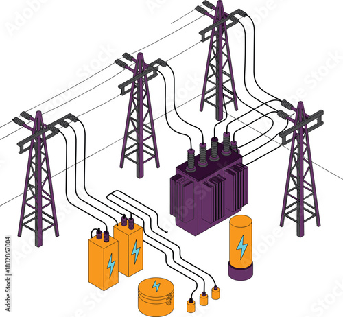 Electrical power distribution illustration featuring transformer transmission towers cables battery storage grid infrastructure energy system industrial concept design