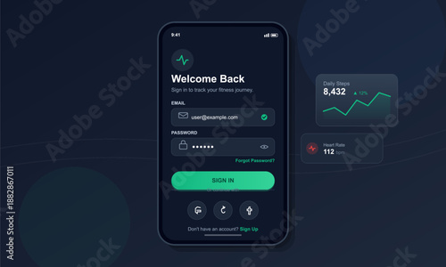 A person uses a fitness app with a login screen on a mobile device. The screen shows a welcome message, input fields for email and password, and fitness stats like daily steps and heart rate.