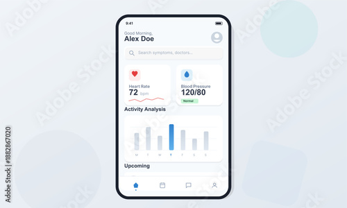 A smartphone screen shows health tracking information for a user named Alex Doe. The screen displays heart rate, blood pressure, and an activity analysis chart for the week.