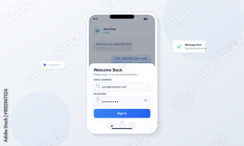 A person accesses their chat account using a mobile phone. They enter an email address and password to sign in. A message shows that a file is being uploaded for sharing.
