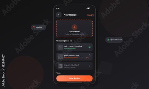 A user engages with a mobile application to create a new recipe by uploading various media files. The screen shows progress as files are uploaded successfully.