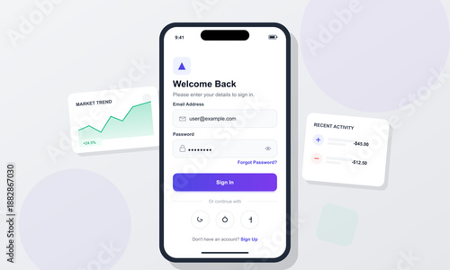 A user is prompted to sign in on a smartphone. The screen shows fields for email and password. Nearby are cards showing market trends and recent activity.