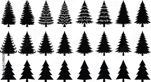 Set of evergreen pine and fir tree silhouettes in many styles, Christmas forest icon collection in black, isolated on white background for design.