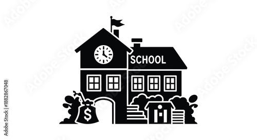 A striking black silhouette of a school building with a clock shrubbery and financial symbols adorning the front silhouette high quality