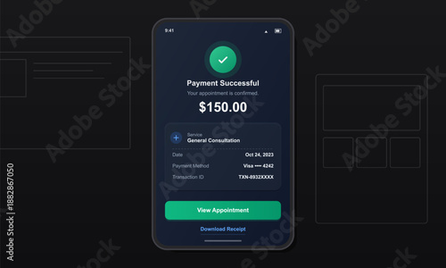 Payment of 150 dollars is confirmed for a general consultation happening on October 24, 2023. Transaction details are provided on the screen.