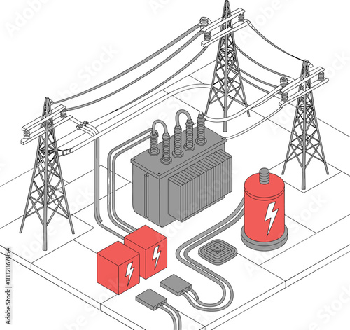 Electrical power distribution illustration featuring transformer transmission towers cables battery storage grid infrastructure energy system industrial concept design