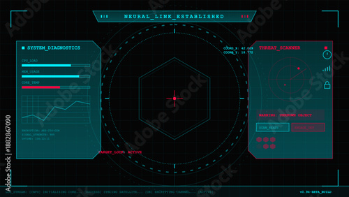 A digital interface shows data on CPU load and core temperature along with a threat scanner warning for unknown contact. The display uses bright colors and geometric shapes.