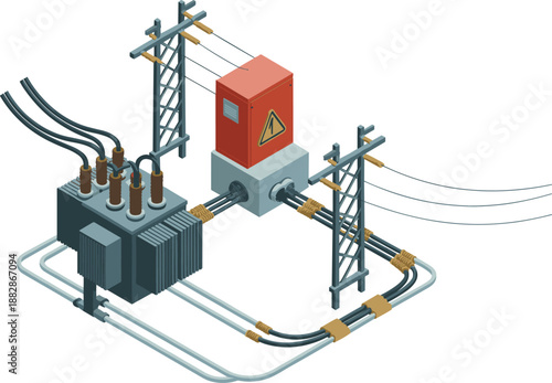 Electrical power distribution illustration showing transformer control cabinet transmission poles overhead lines cables industrial energy infrastructure high voltage substation system