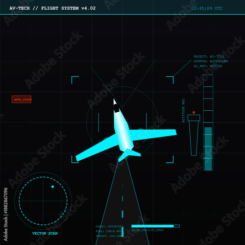 A digital display shows the flight status of an aircraft. The system tracks the object and provides real-time data on navigation and status updates during flight operations.
