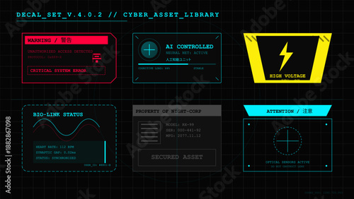 Various warning and status indicators appear on a digital display in a cyber asset library. The signs show critical system errors and high voltage alerts.