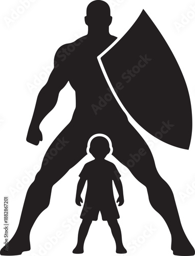 A kid is standing in front of a strong man showing courage and bravery silhouette