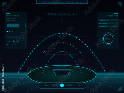A digital interface with various graphs and buttons for controlling a virtual environment. The setup suggests a high-tech workspace designed for user interaction.