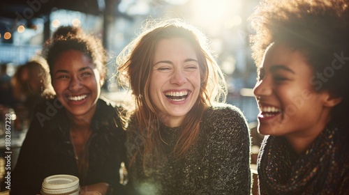 Three women laughing and smiling joyfully in the sunlight. Their faces are radiant with happiness as they share a moment of laughter