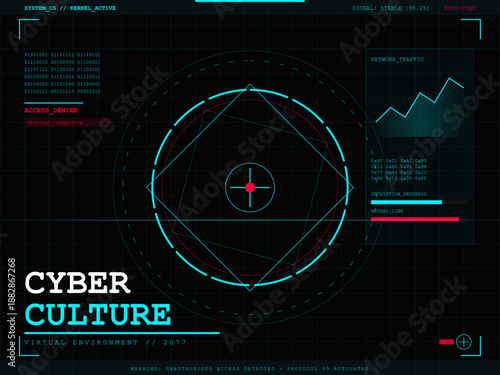 A digital display shows various network data and security alerts. The design includes graphs and access messages. The setting represents a futuristic cyber culture from 2077.