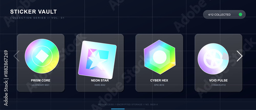 Four designs are displayed on a digital interface. Each design features a unique shape and color scheme. The vault shows the collected items and their rarity.