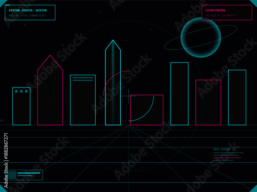 Lines and shapes represent various buildings in a digital skyline. The backdrop includes a planet and data reads coordinates and system status. The scene shows a modern style and technology.