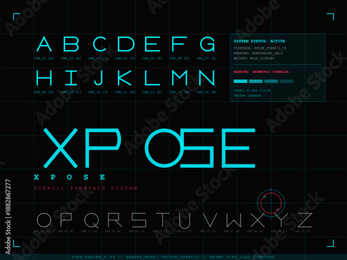 A design shows a blue stencil typeface on a dark background. It displays the full alphabet along with system status and loading information in a simple format.