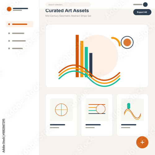 Artwork displays mid-century designs with colorful geometric shapes. The layout includes circles, lines, and a sun-like figure. The focus is on abstraction and simplicity in design.