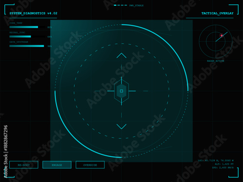 A system diagnostics screen shows a tactical overlay at a control center. Data includes operational levels and a radar display. Monitoring and analysis are ongoing.