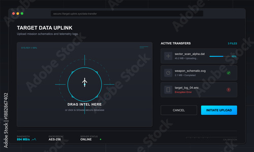 A user interacts with a secure transfer platform for data upload. Files related to mission schematics and logs are shown. The status indicates ongoing transfers and progress.
